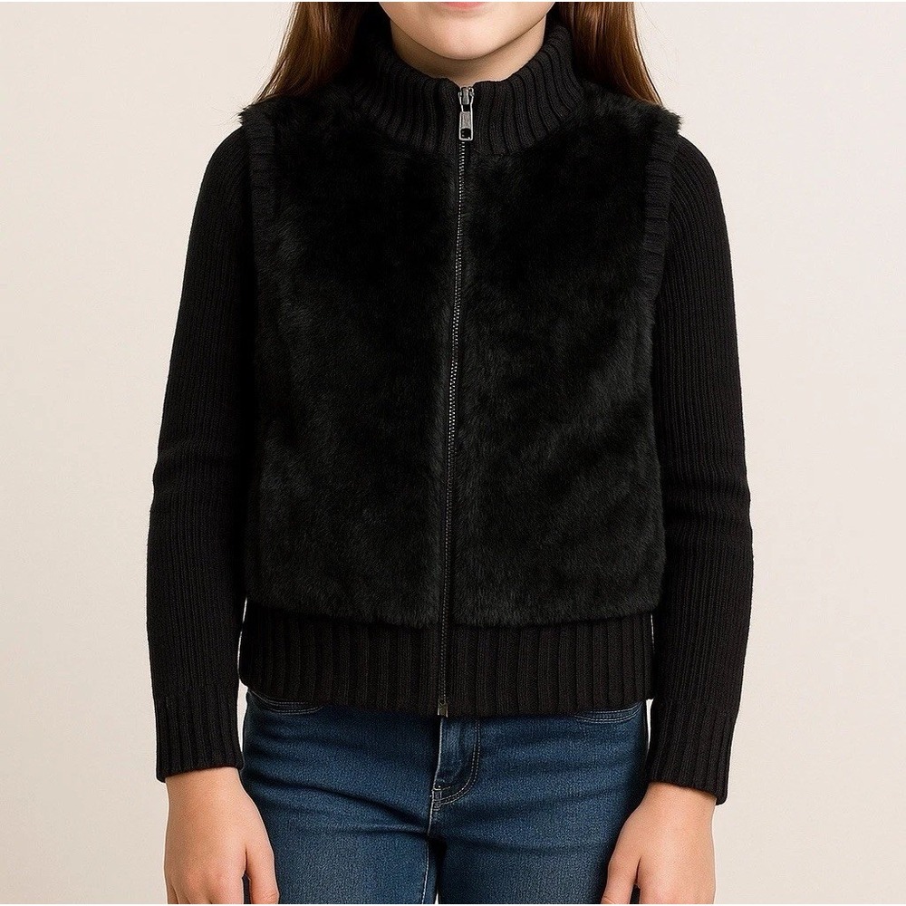 Derek Heart Faux Fur Front Sweater Vest Kids Large Black Excellent Zip Up Ribbed